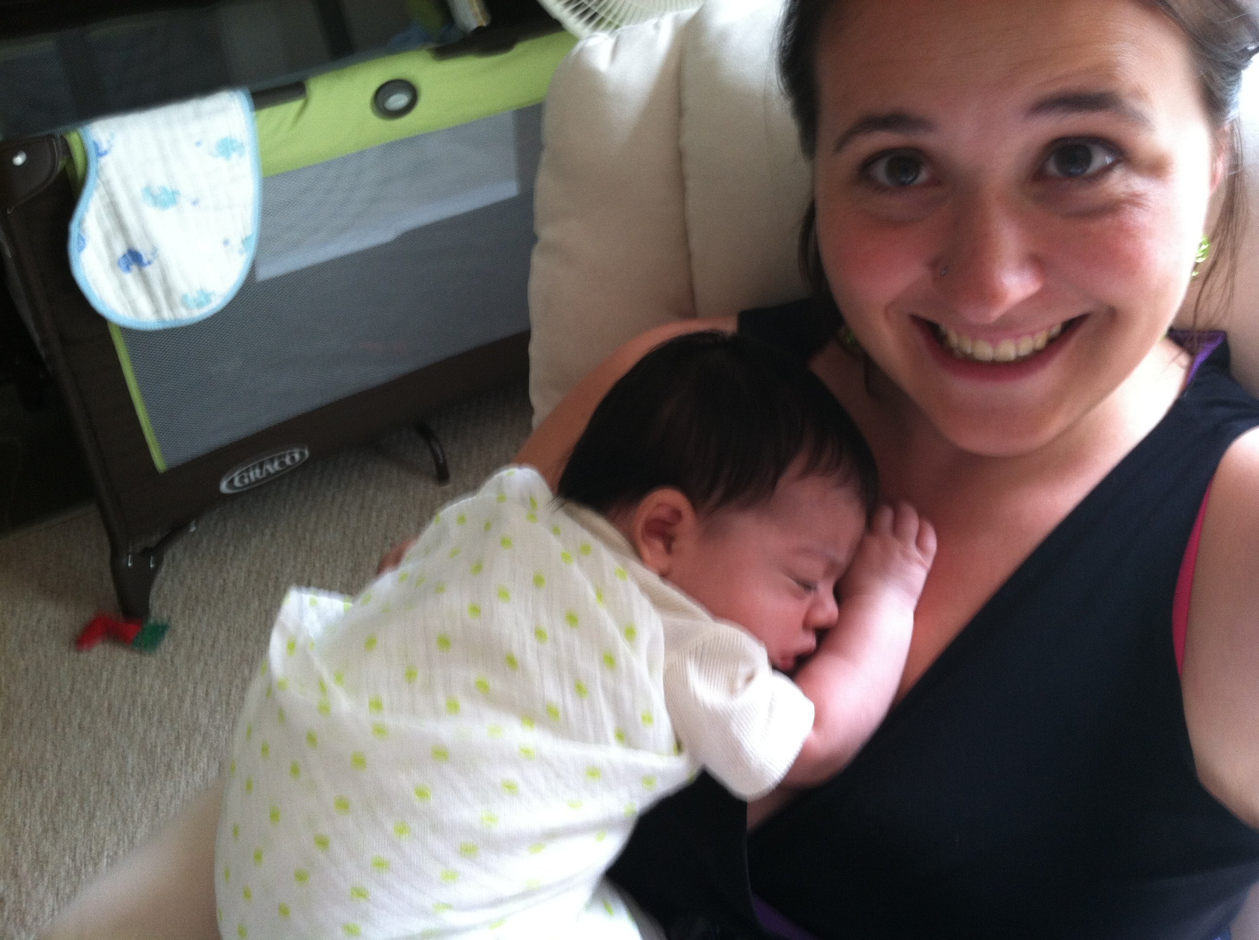 This one I took on my own, thus the incomplete me in the pic. Salem's finally sleeping a bit more, and was actually knocked out when I arrived.